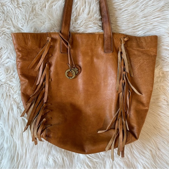 Lucky Brand Y2K Boho Fringe Tassel British Tan Brown Leather Large Tote Bag 🐂🍂 - Picture 15 of 15